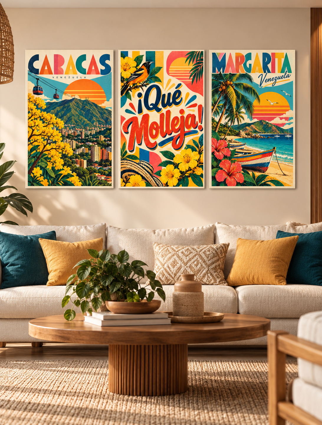 Cuadros de Venezuela Retro en 3 Piezas – Caracas, Qué Molleja y Margarita