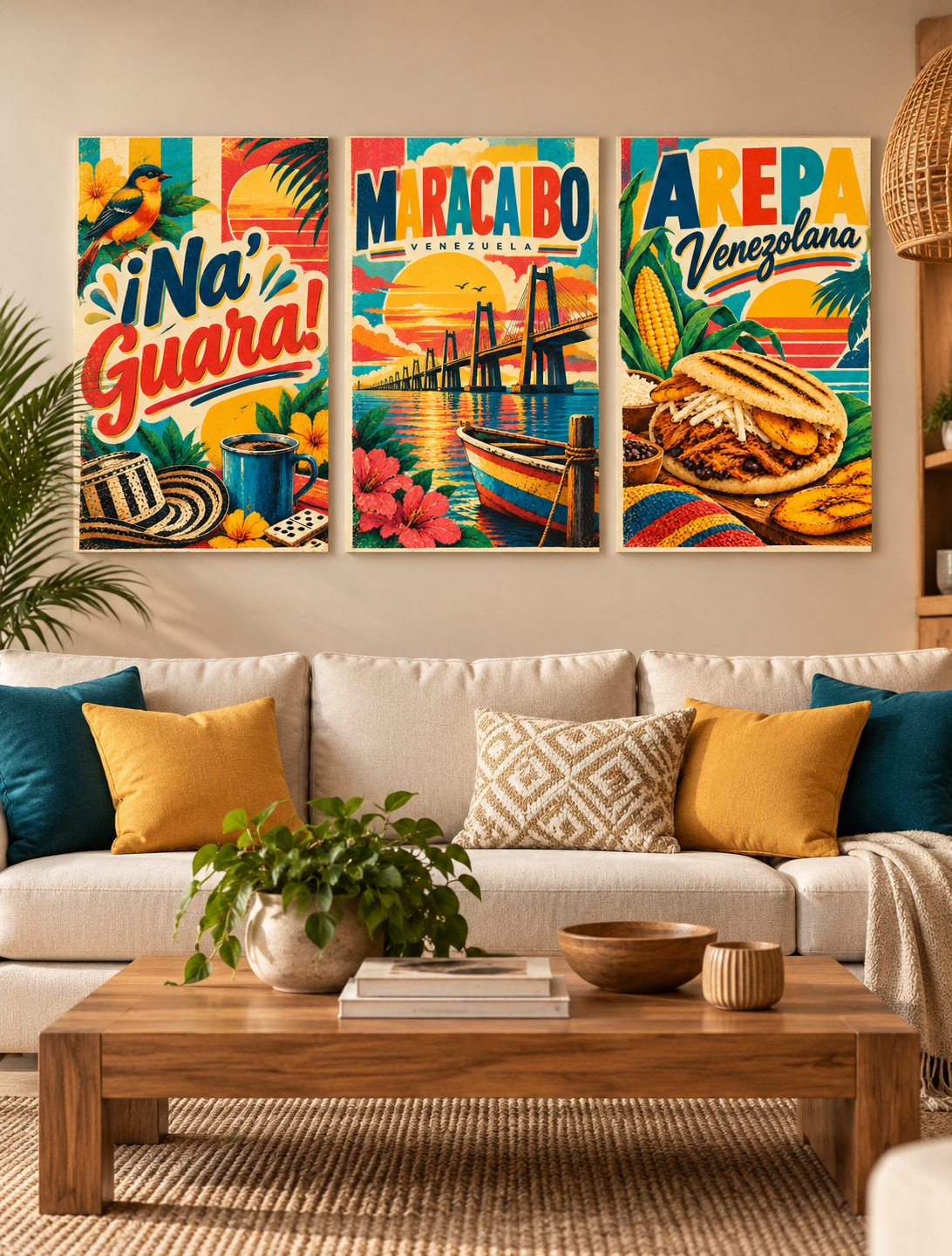 Cuadros de Venezuela Retro en 3 Piezas – Maracaibo, Na' Guará y Arepa Venezolana
