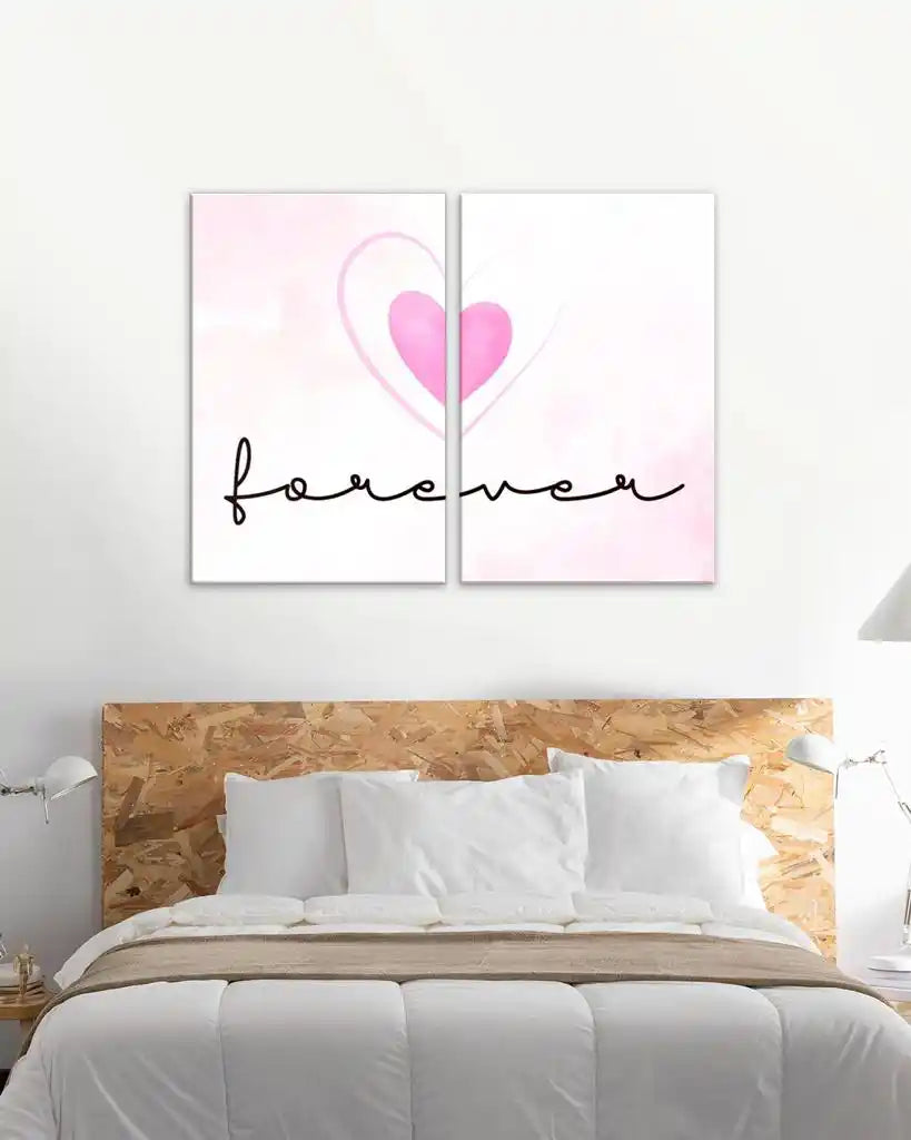 Set de 2 Cuadros 'Forever' con Corazón en Tonos Rosa para Dormitorio