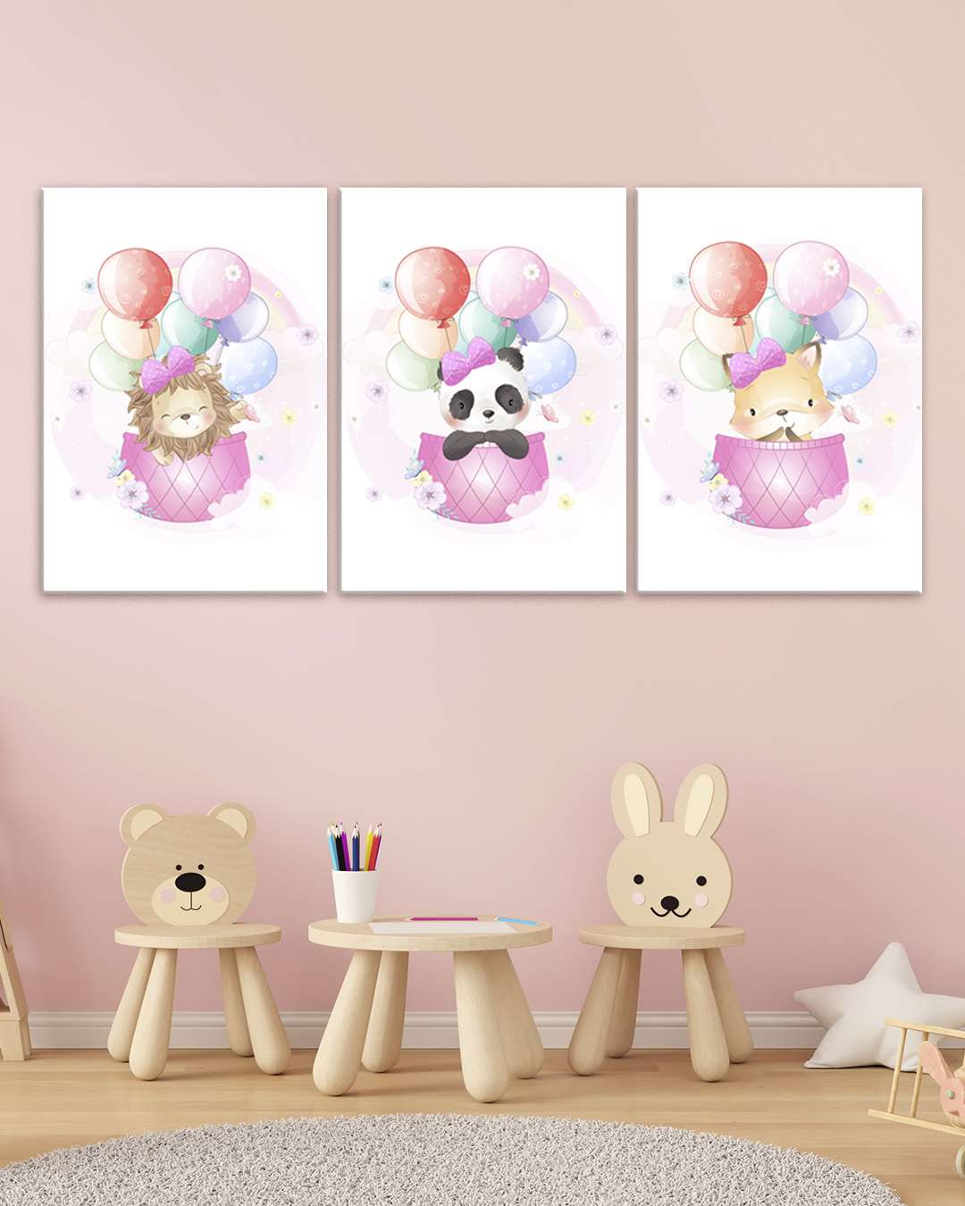 Set de 3 Cuadros Infantiles de Amigos en Tonos Rosas