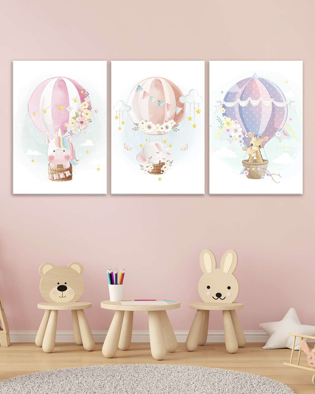 Set de 3 cuadros infantil Aventuras en Globo Aerostático