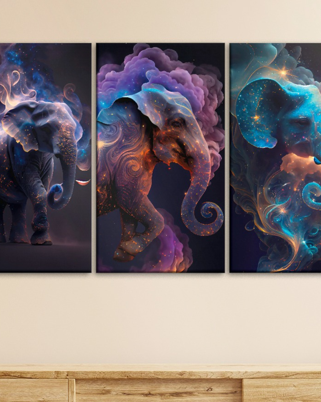 Set de 3 cuadros ilustración de elefantes asiáticos
