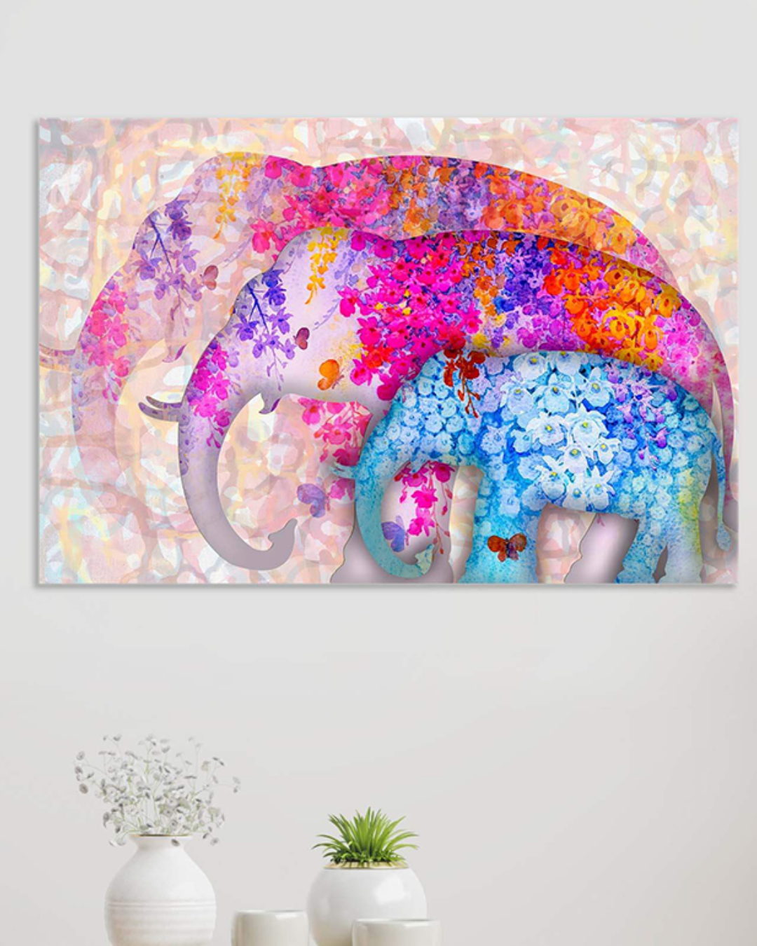 Cuadro decorativo de elefantes con flores en tonos pastel – Estilo boho