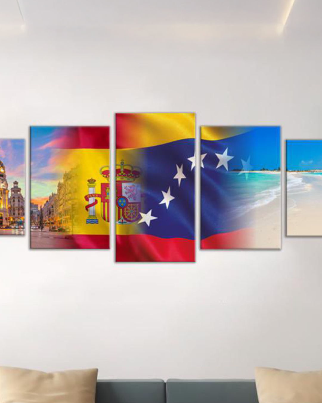 Cuadros Venezuela Los Roques y Gran Via Madrid con banderas