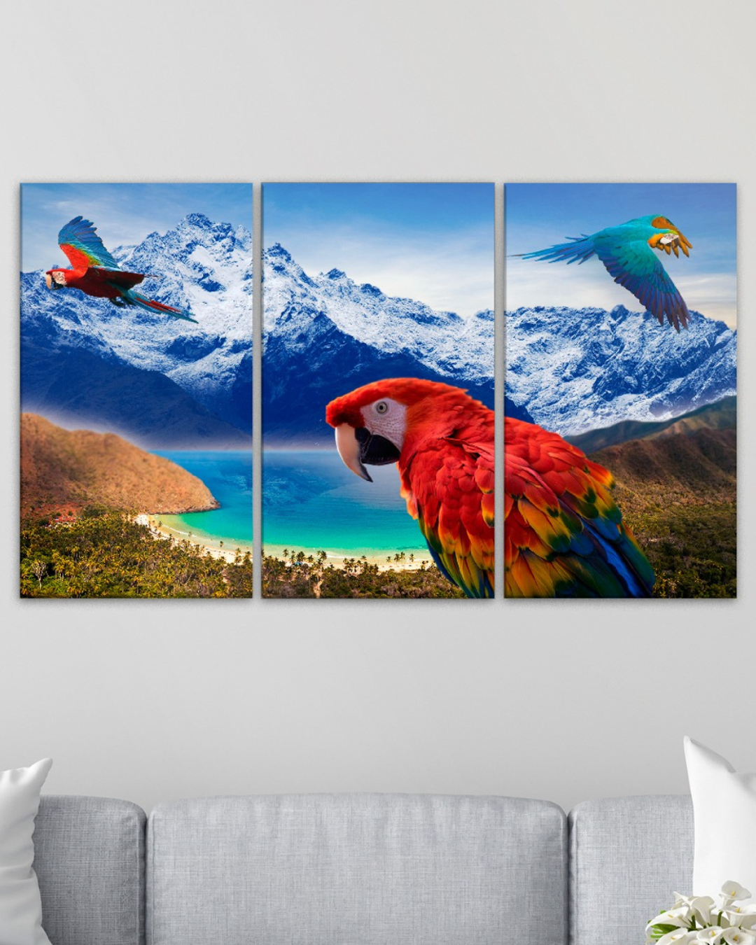Set de 3 cuadros Pico Bolívar y Choroni con hermosas guacamayas