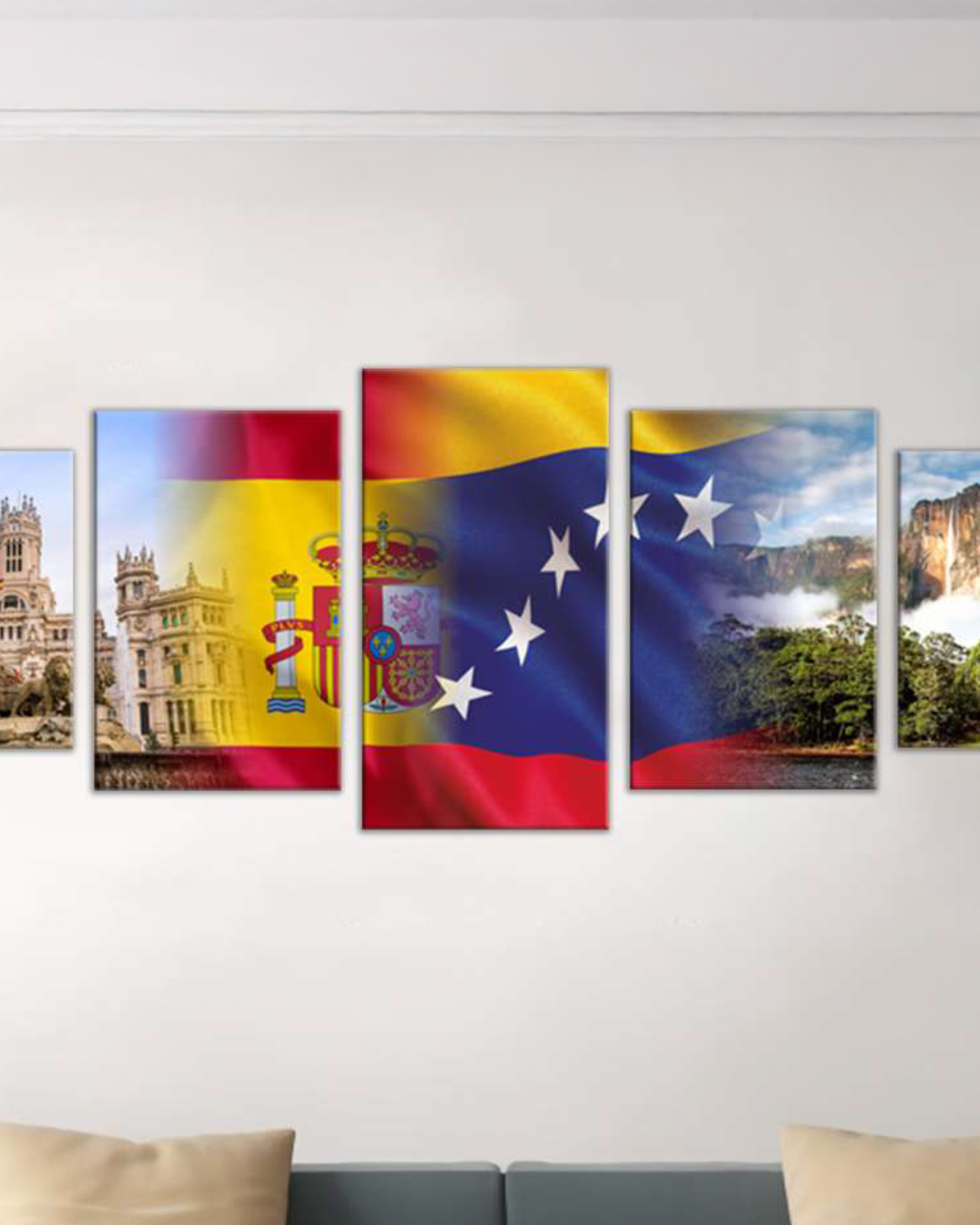Cuadros Venezuela Salto Ángel y Plaza de Cibeles Madrid con banderas