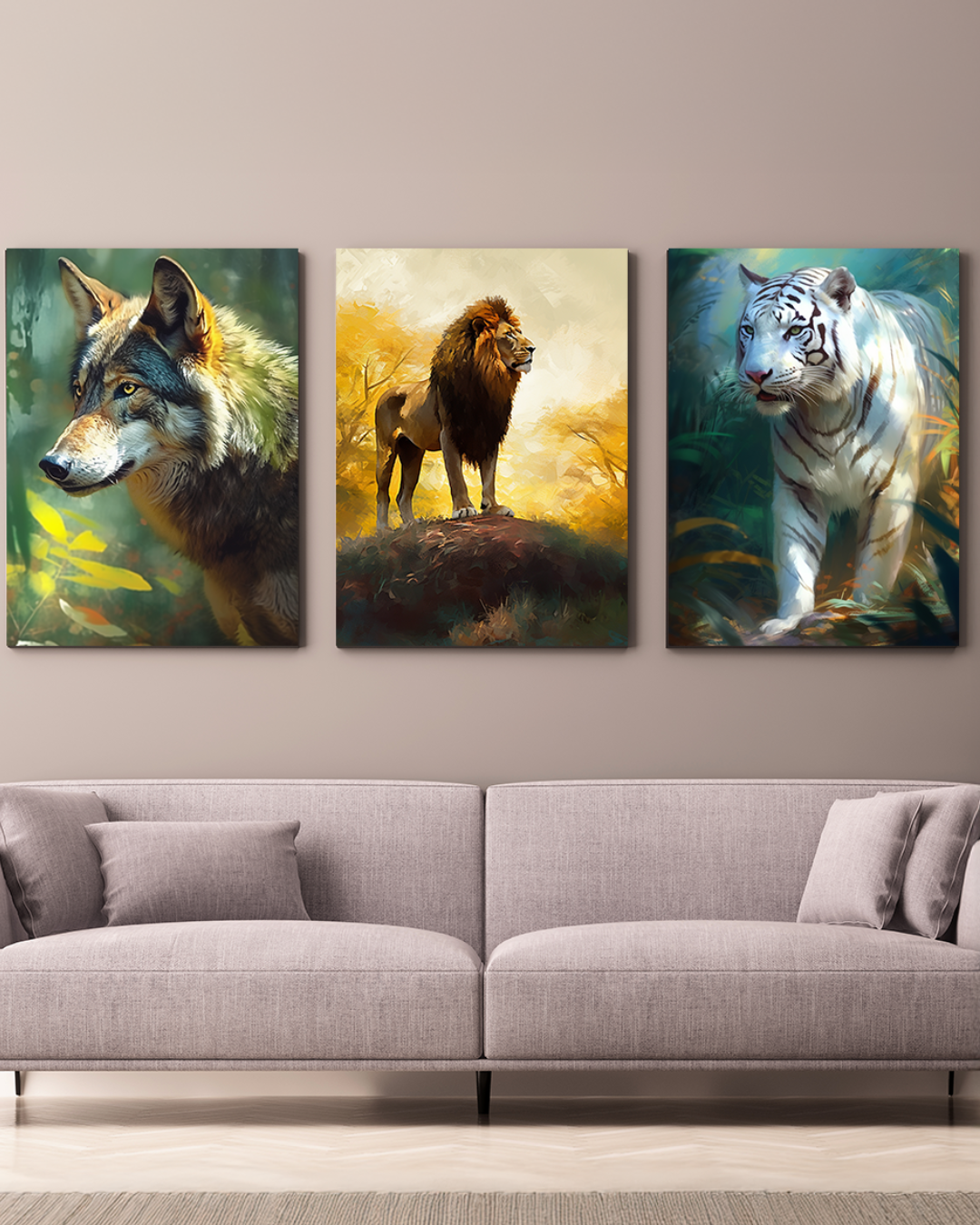 Set de 3 cuadros: Lobo, León y Tigre