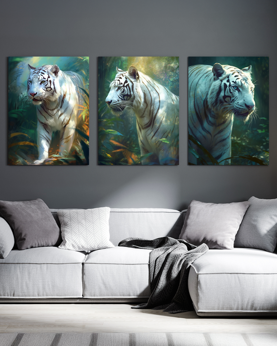 Set de 3 cuadros Tigre blanco en la selva