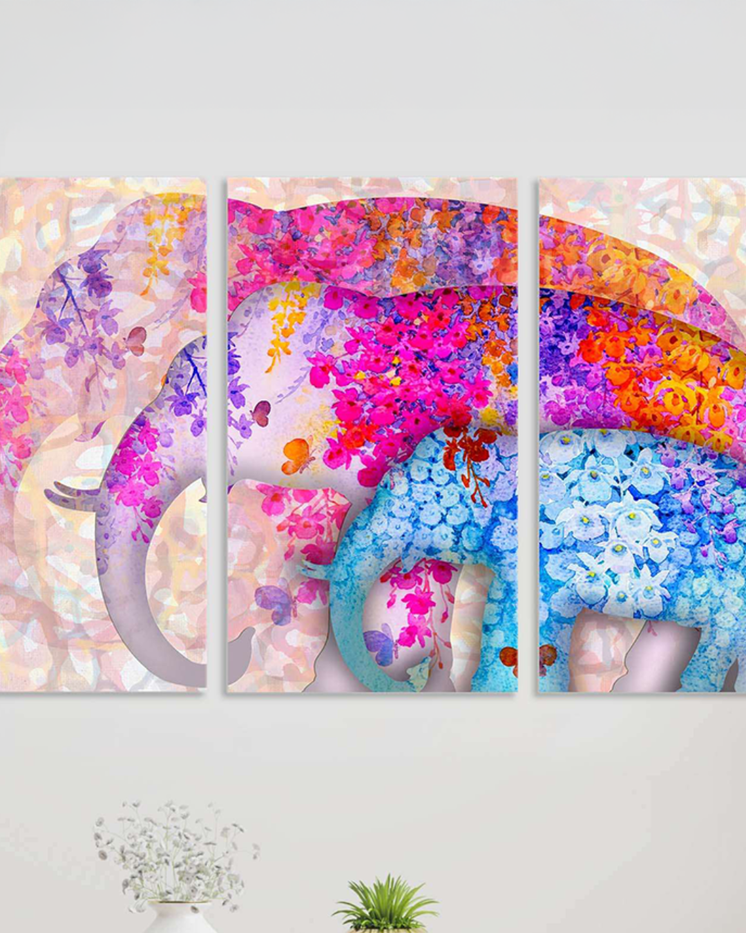 Set de 3 cuadros elefantes asiáticos