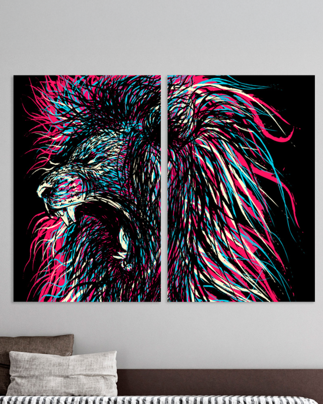 Cuadro de 2 Canvas abstracto león de colores