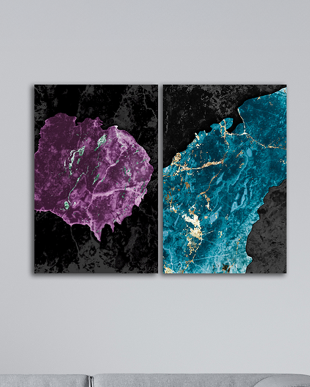 Cuadro de 2 Canvas de rocas morado y azul con fondo negro, abstracto