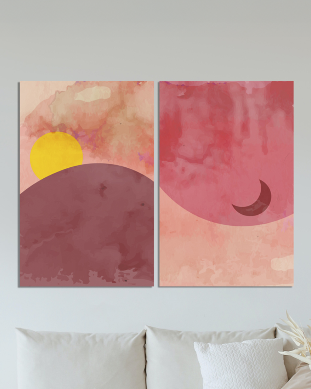 Cuadro de 2 Canvas sol y luna con efecto pintura en tonos rosa, abstracto