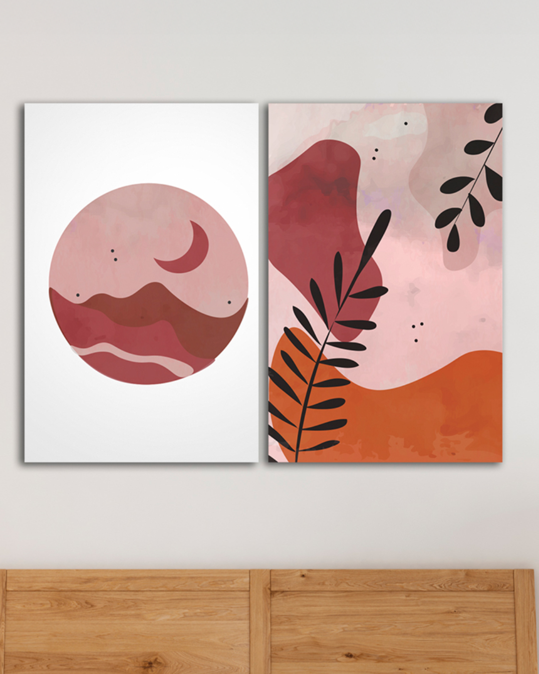 Cuadro de 2 Canvas luna y planta abstracto con tonos rosa