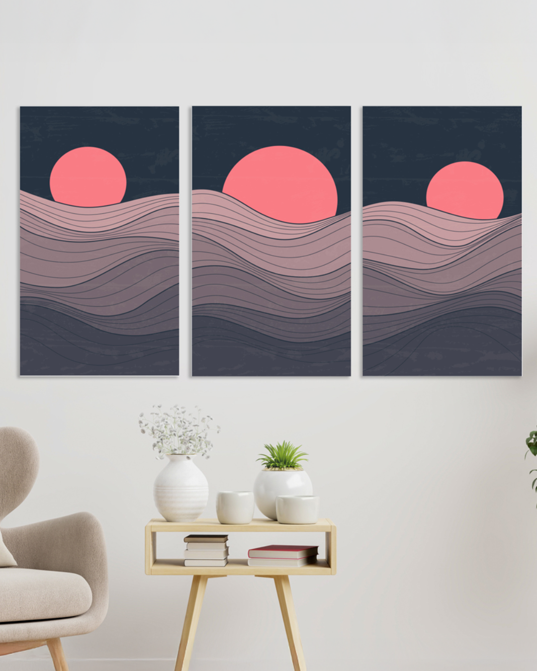 Set de 3 cuadros sol y mar abstracto en tonos rosa y azul