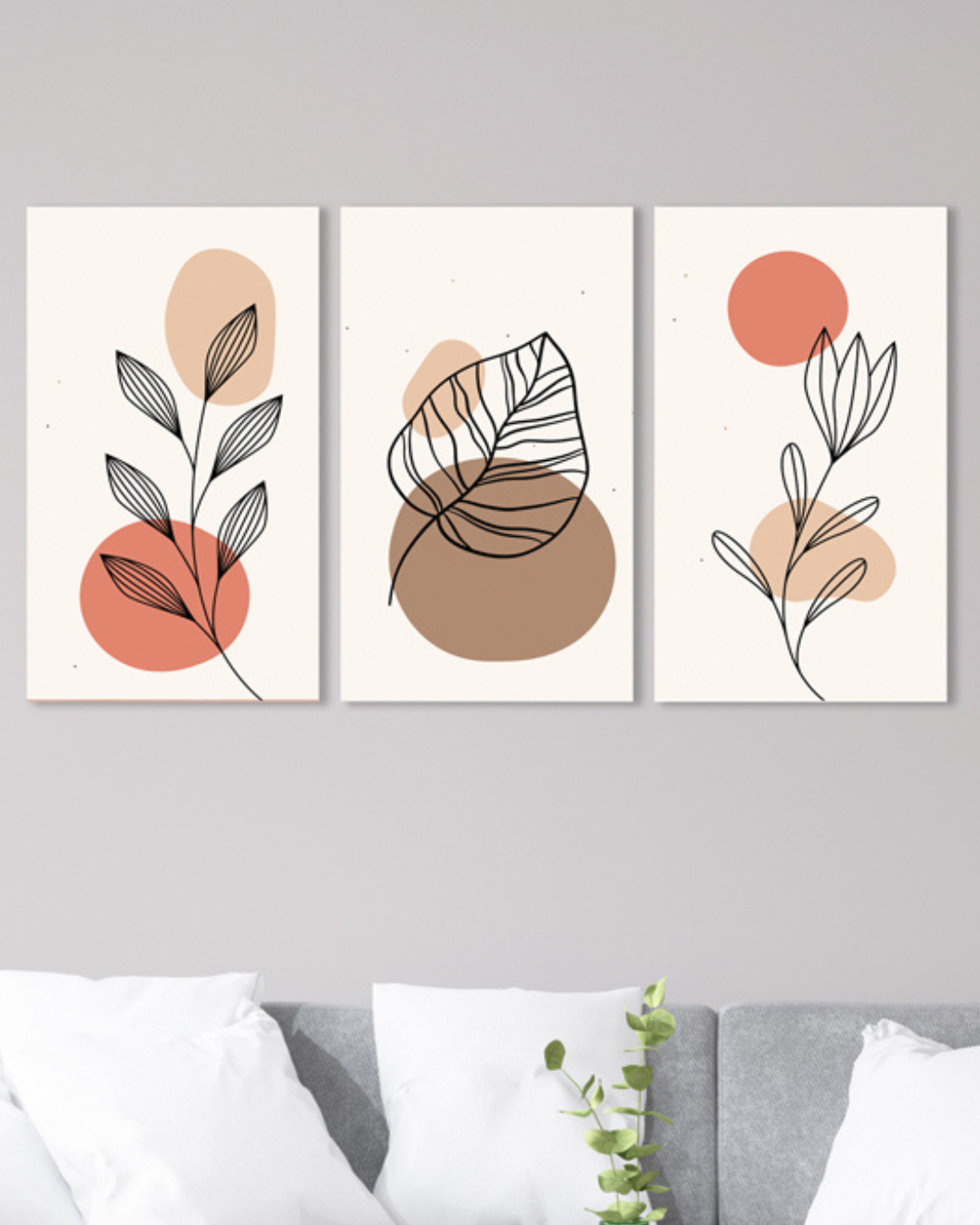 Set de 3 cuadros plantas y bolas tonos naranja y marrones