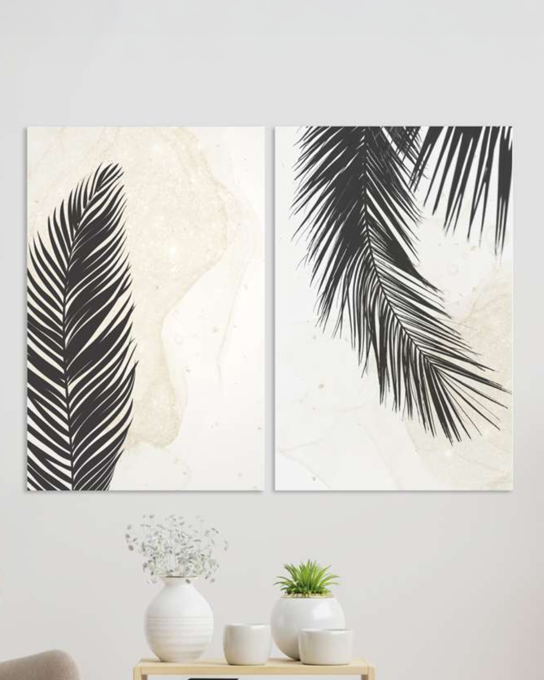 Cuadro de 2 Canvas de palmeras fondo beige abstracto