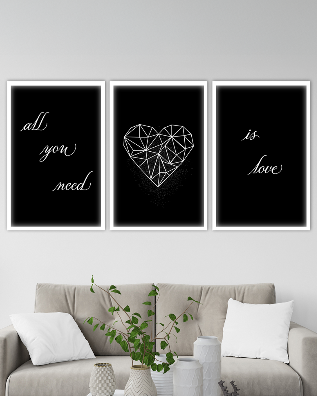 Tríptico decorativo moderno "All you need is love" en blanco y negro