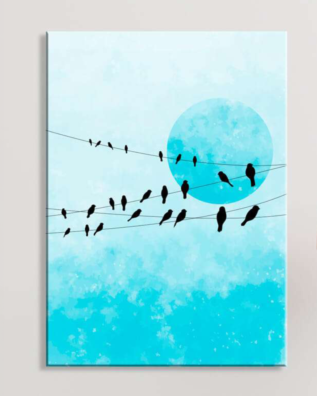 Cuadro retrato de pajaritos con luna azul