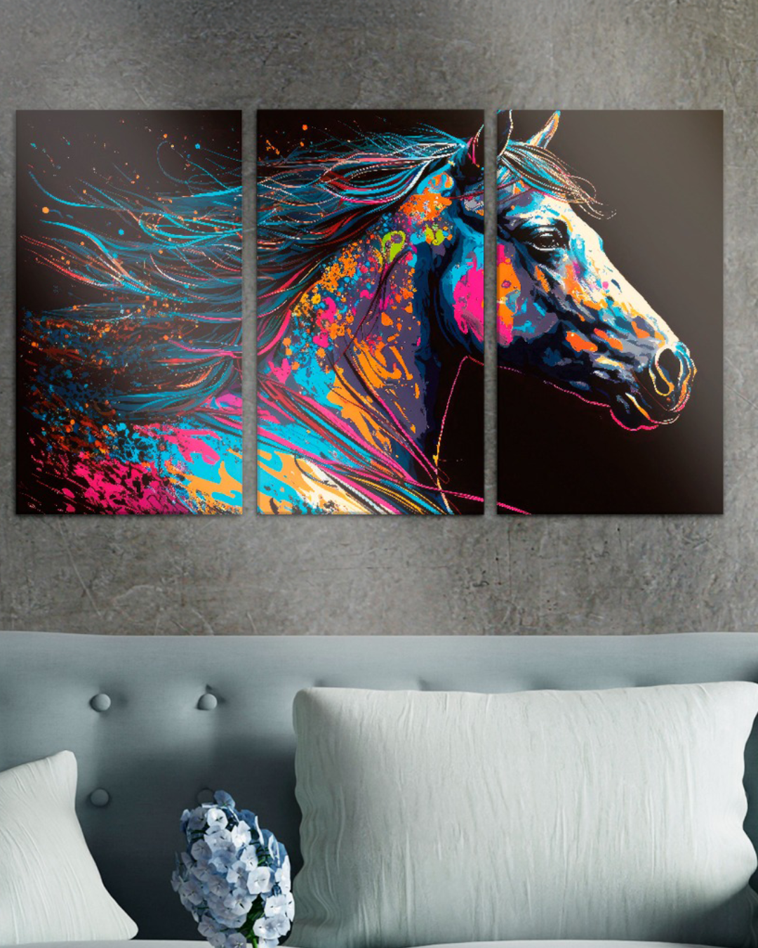 Set de 3 cuadros ilustración de caballo colorido