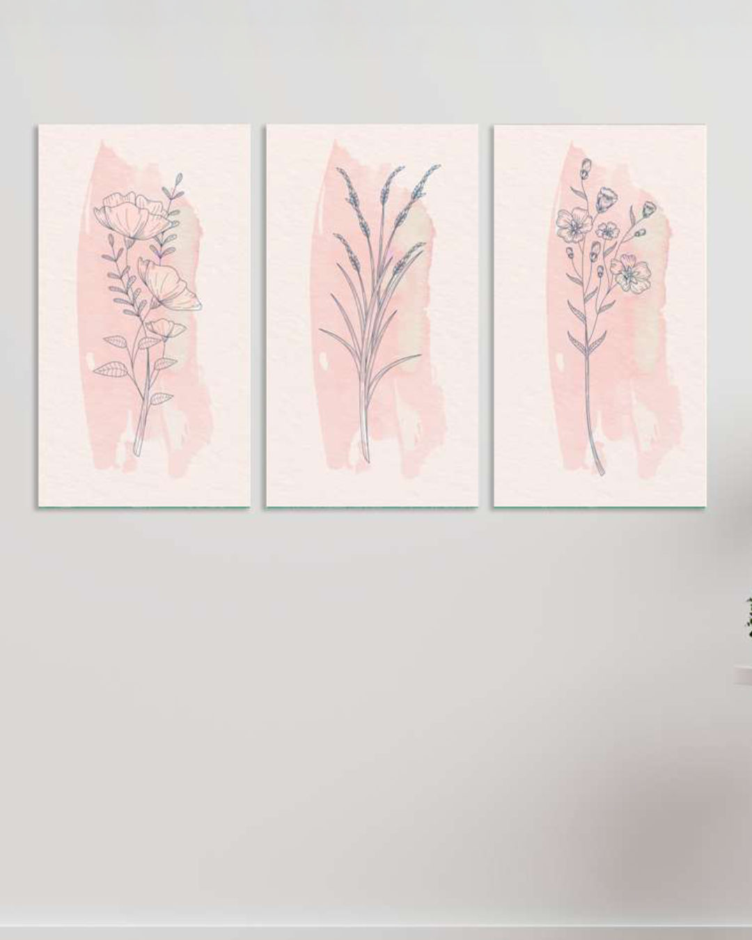 Set de 3 cuadros ramas con brochazo en rosa