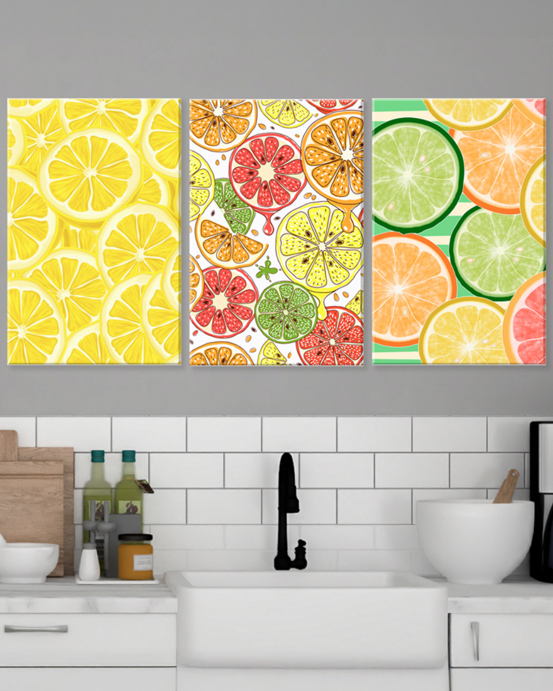 Tríptico decorativo de frutas cítricas