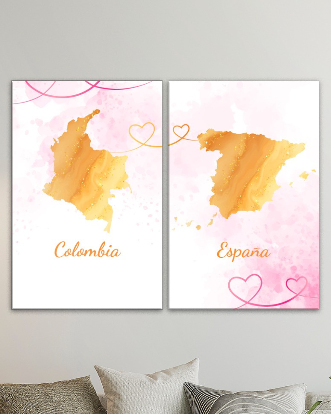 Cuadros mapas Colombia y España en tonos rosa