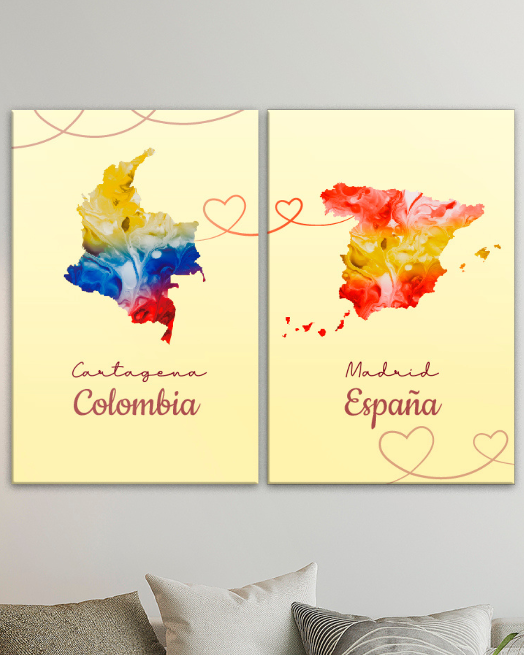 Cuadros mapas Colombia y España con efecto oleo banderas