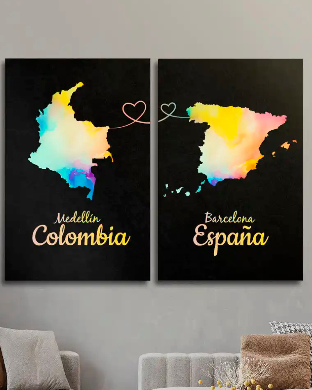 Cuadros mapas Colombia y España con fondo negro