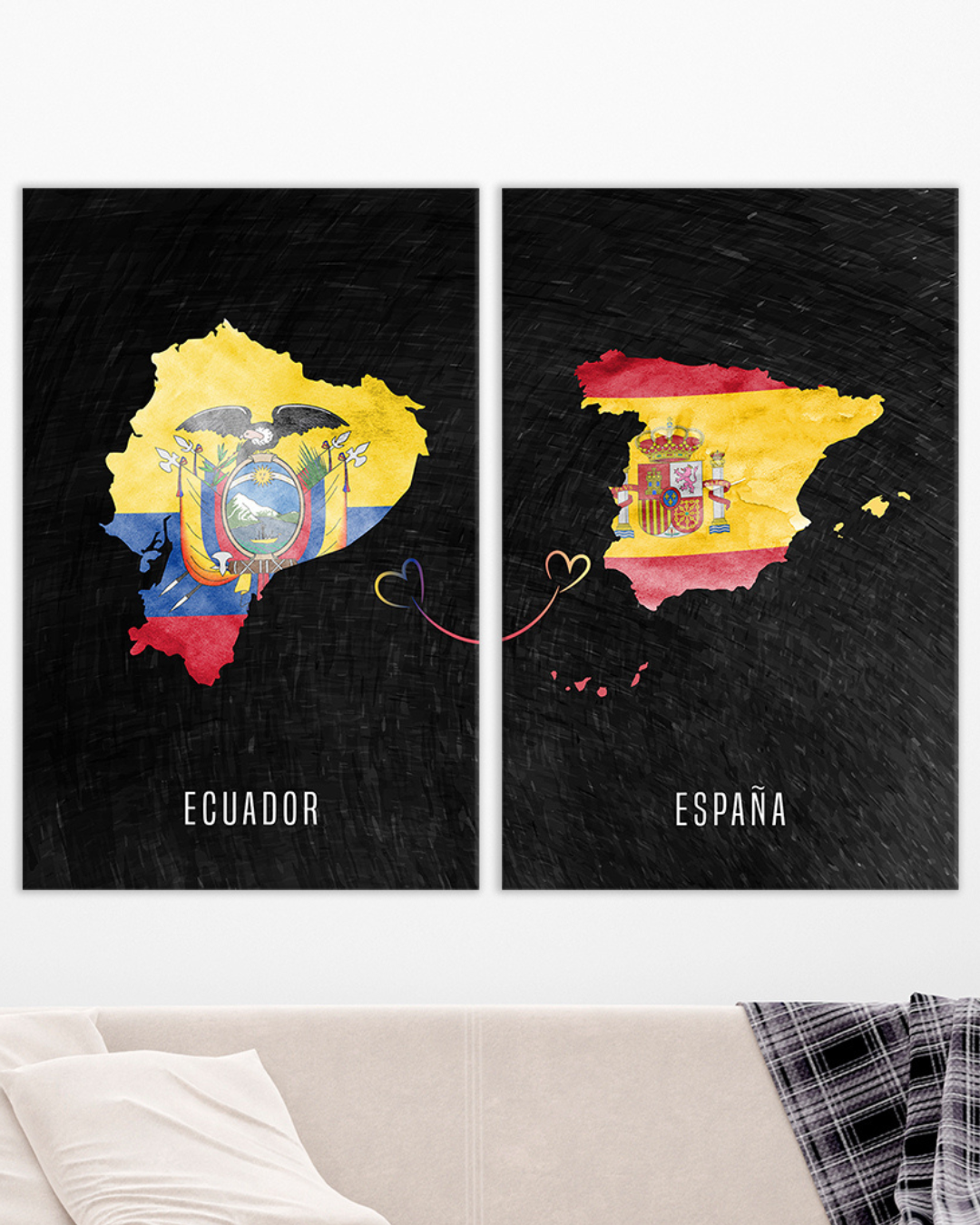 Cuadros mapas de países Ecuador y España con Banderas