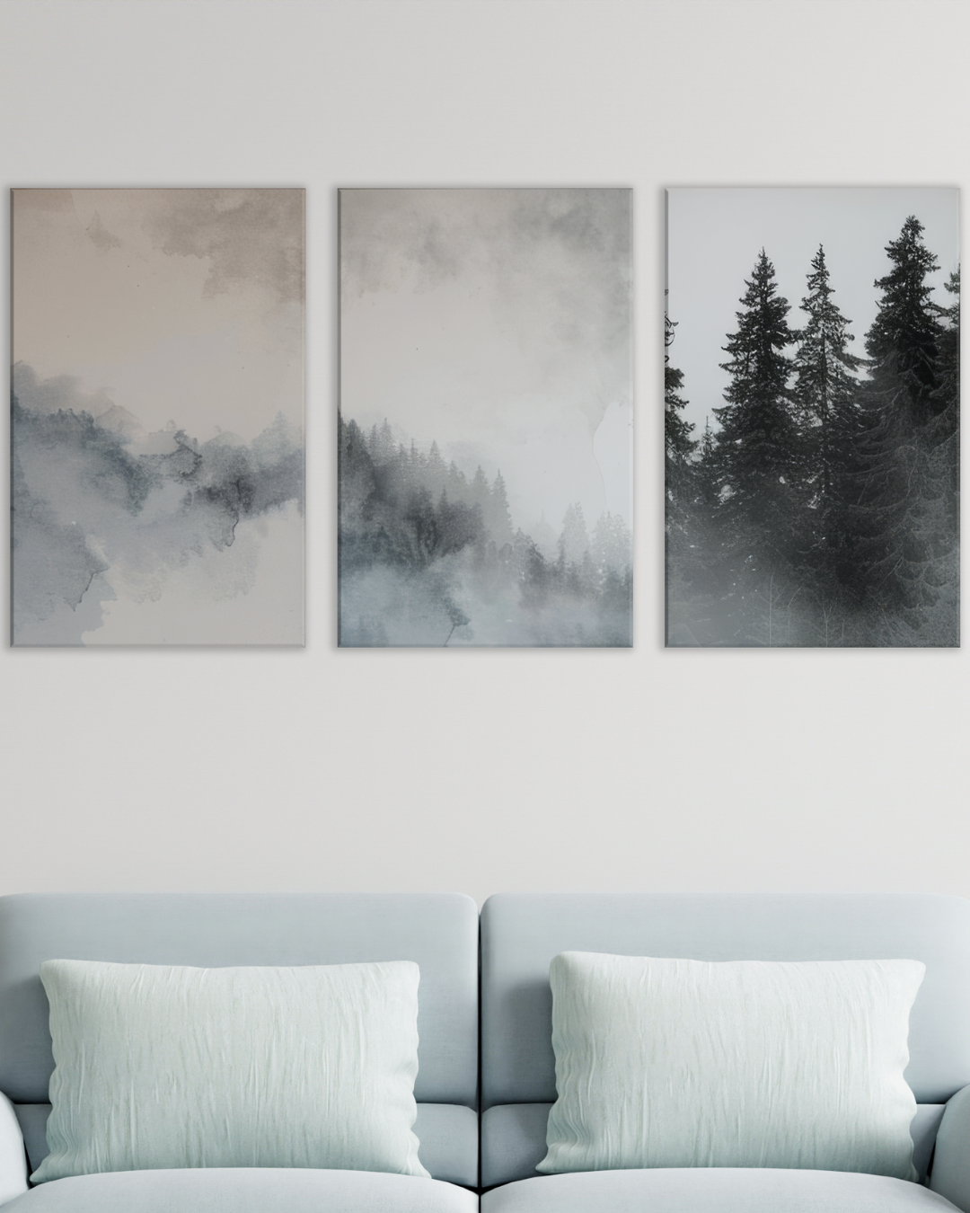 Cuadro bosque entre la niebla, Decoración minimalista en tonos grises
