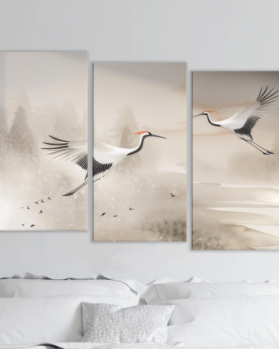 Cuadro decorativo de grullas volando en paisaje nevado