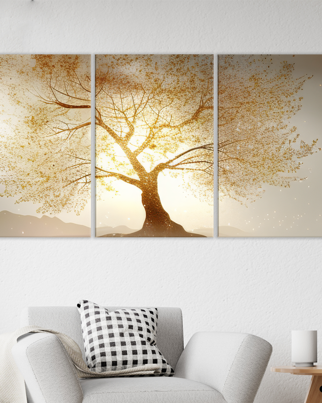 Cuadro decorativo de árbol dorado con luz de atardecer