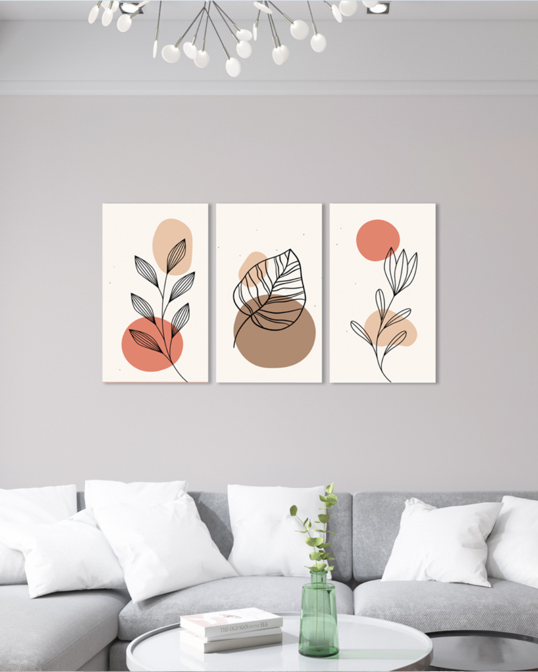 Set de 3 cuadros plantas y bolas tonos naranja y marrones