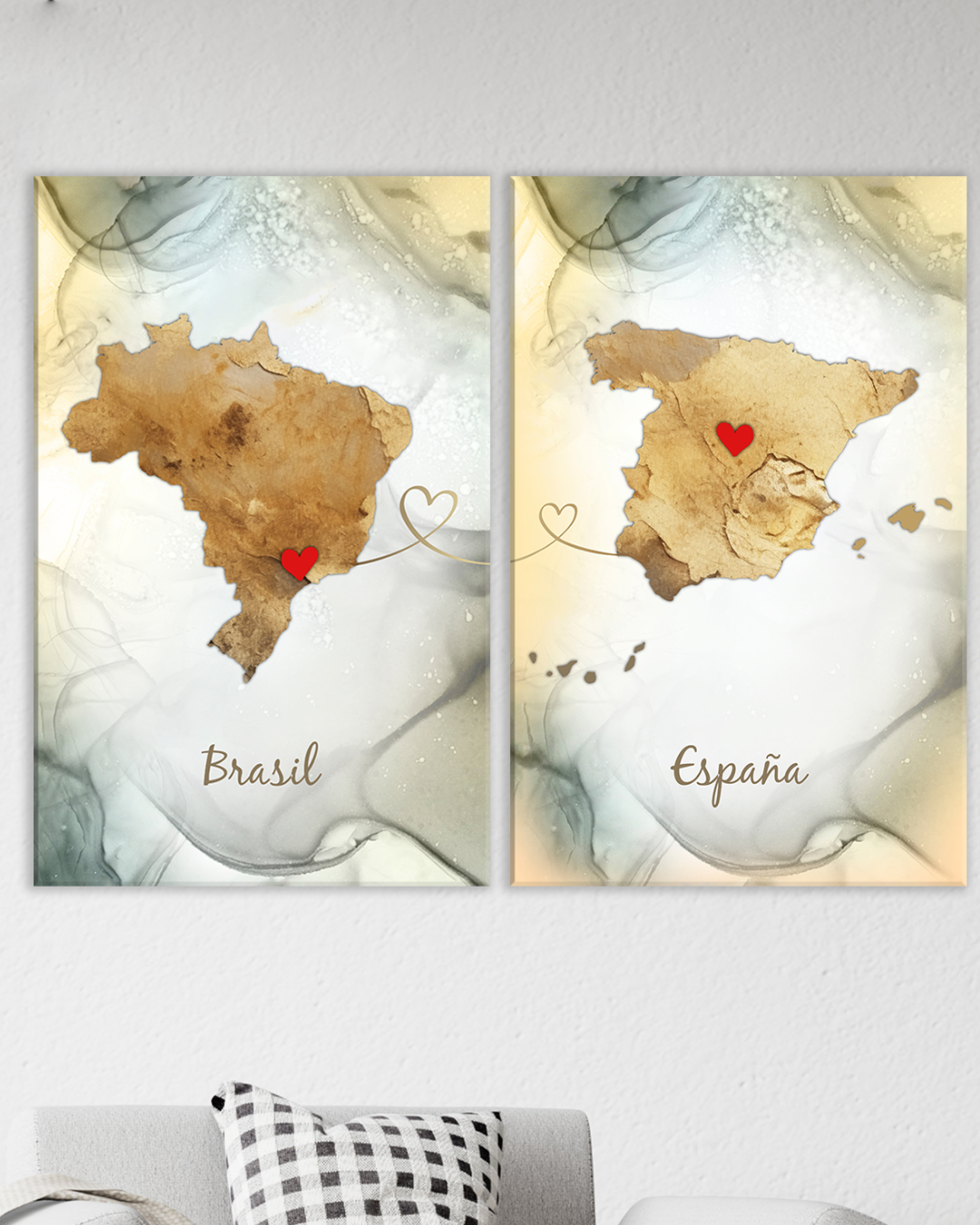 Cuadro decorativo de Mapas Brasil y España con trazos dorados