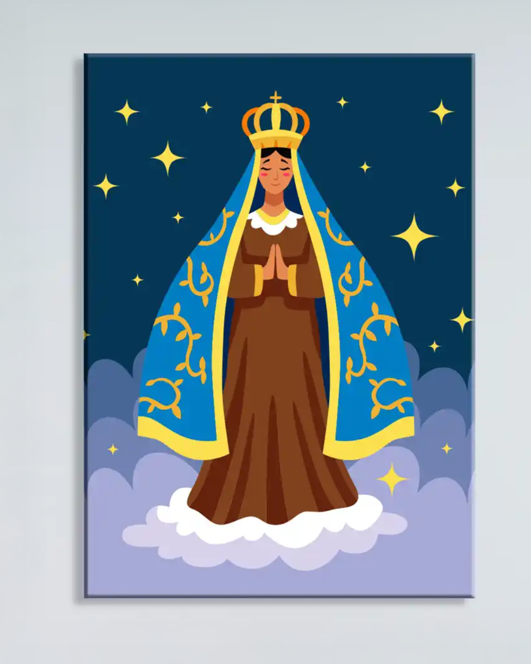 Cuadro Retrato Virgen María en Ilustración con Fondo Estrellado