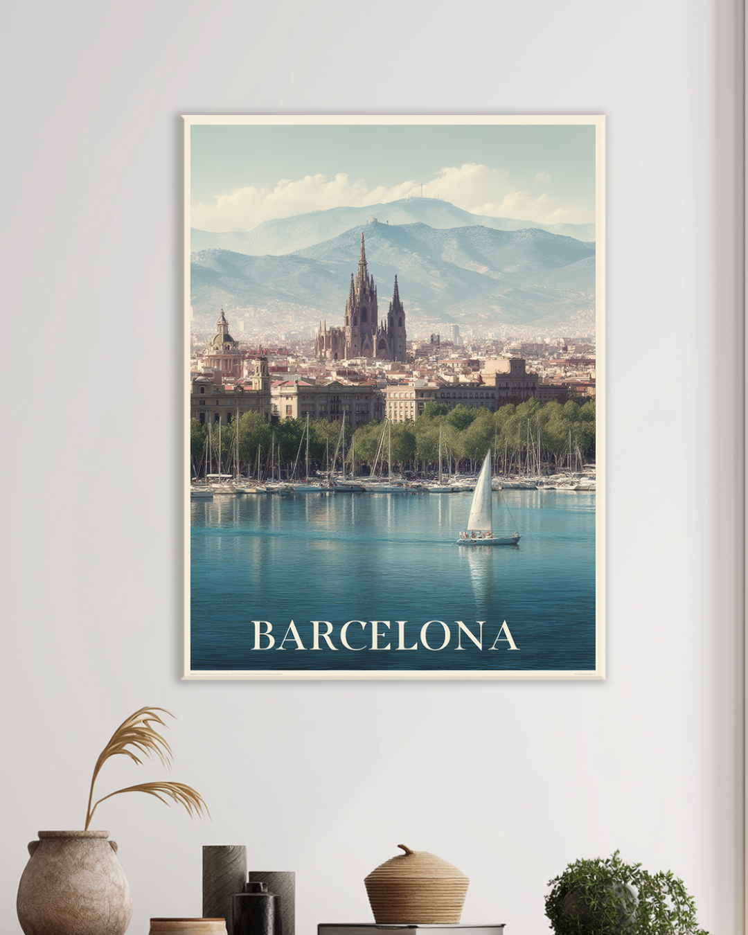 Cuadro decorativo de Barcelona con la Sagrada Familia y el mar Mediterráneo