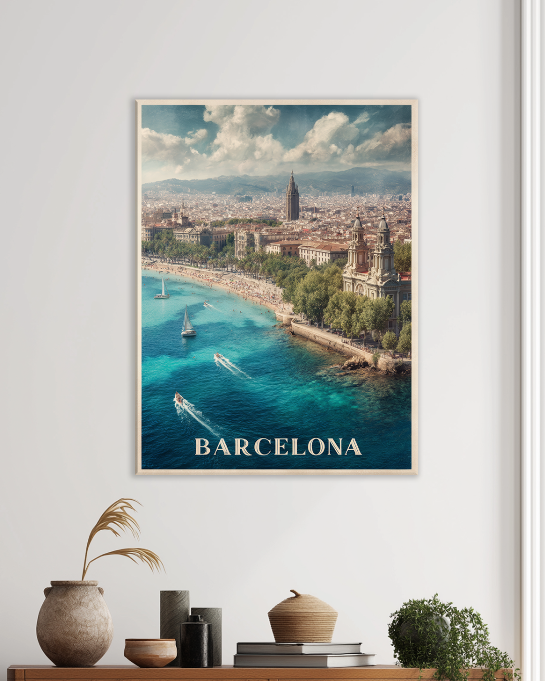 Cuadro decorativo de Barcelona con vista aérea del mar y la ciudad