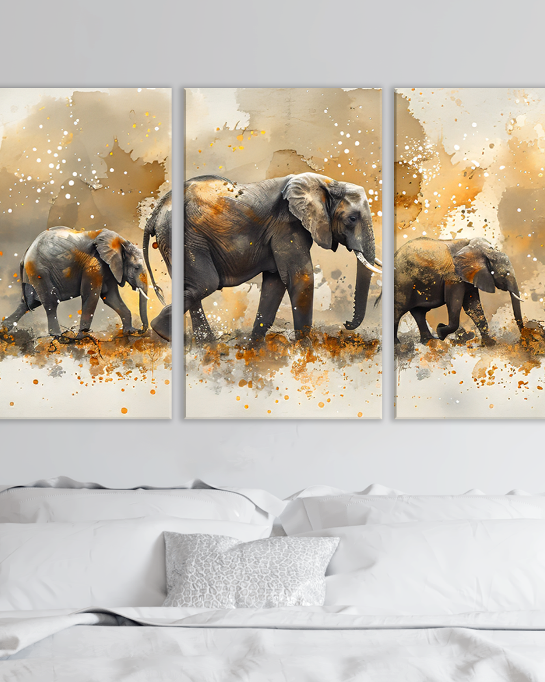 Cuadro decorativo de elefantes en tonos beige y dorados