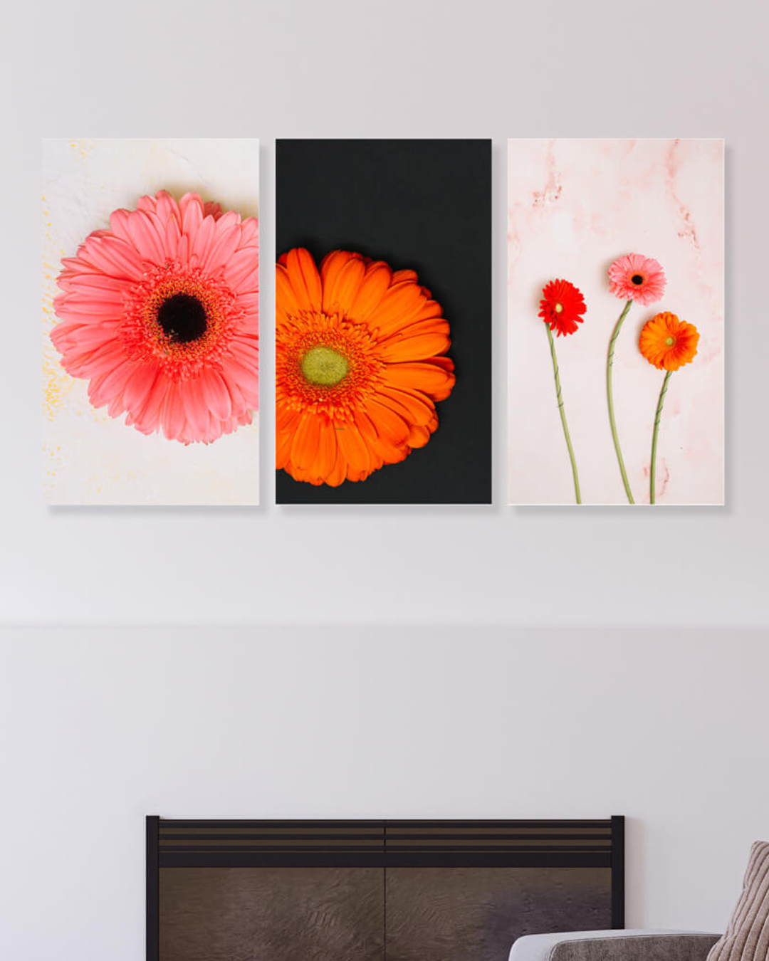 Set de 3 cuadros de flores en colores naranja