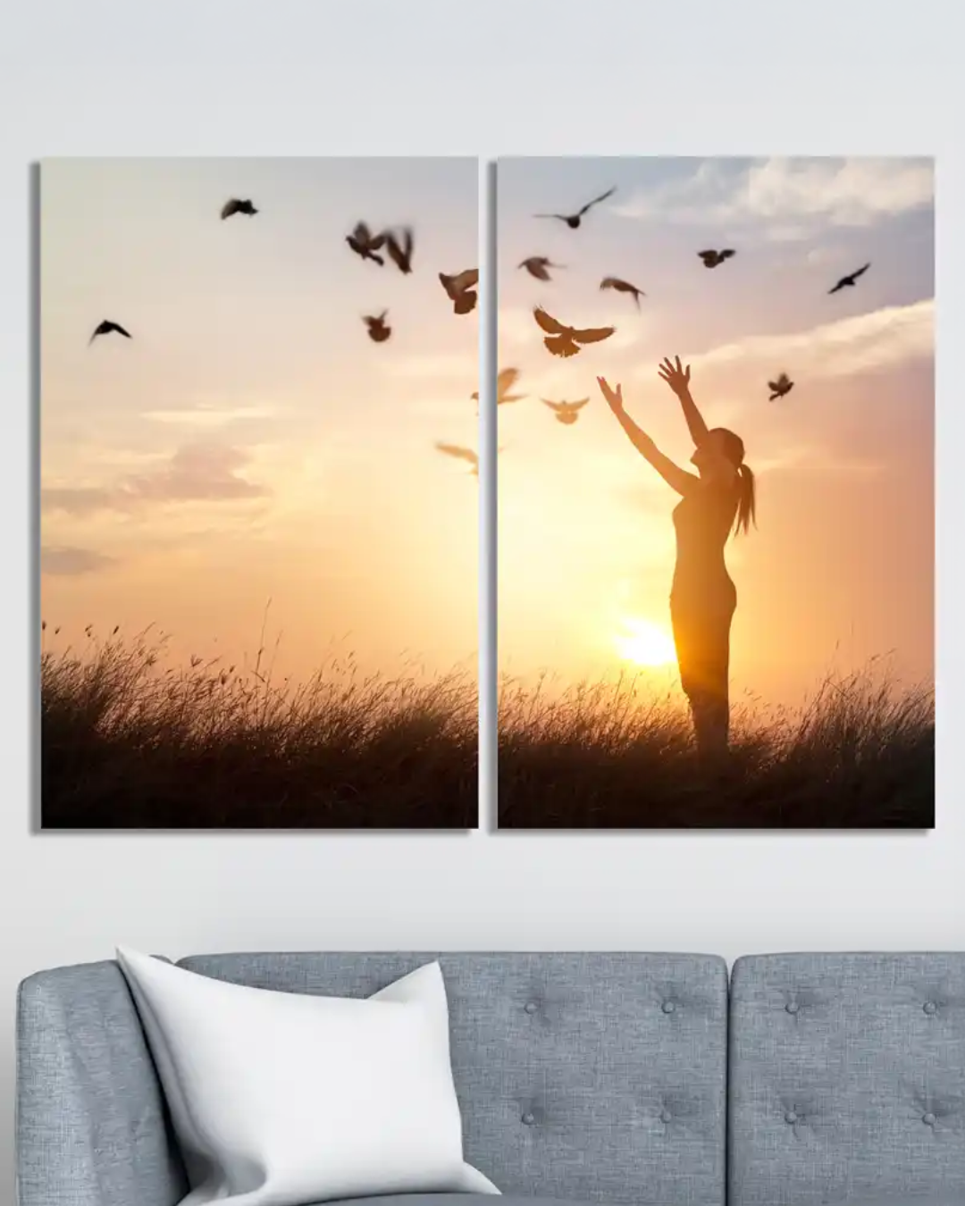 Set de 2 Cuadros Atardecer con Palomas en el Cielo