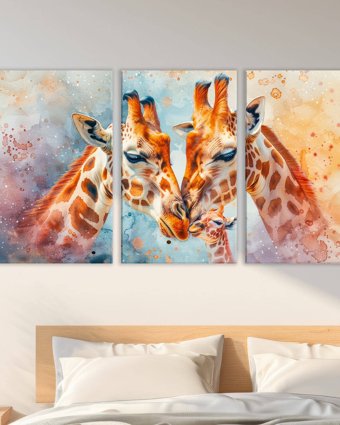 Cuadro decorativo de jirafas en familia, Dulzura salvaje en arte moderno
