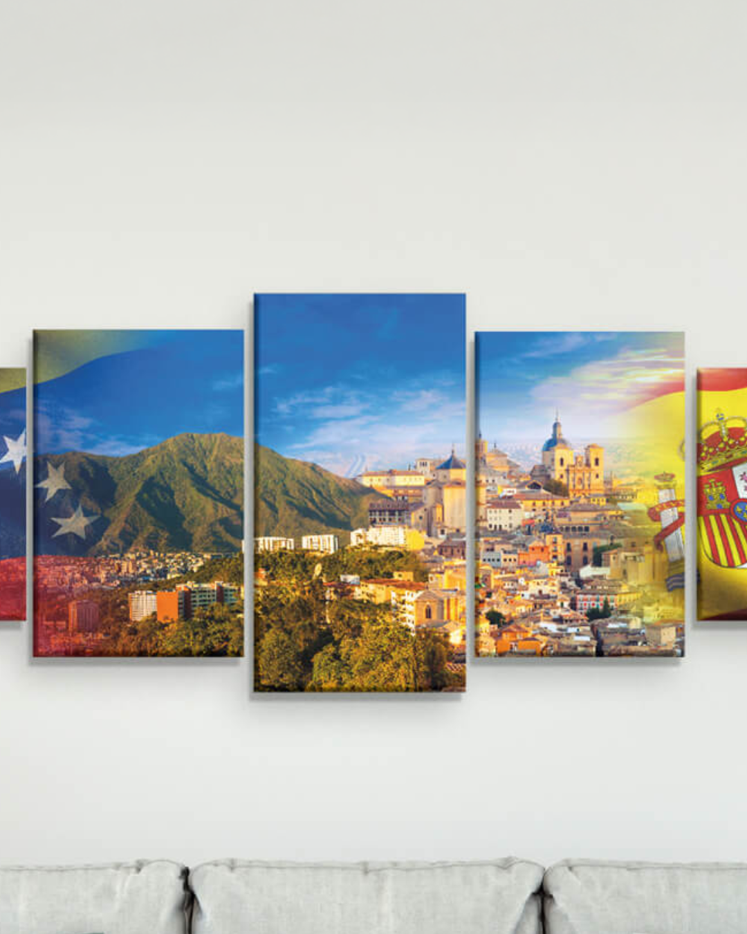 Paisajes de Venezuela y España con banderas