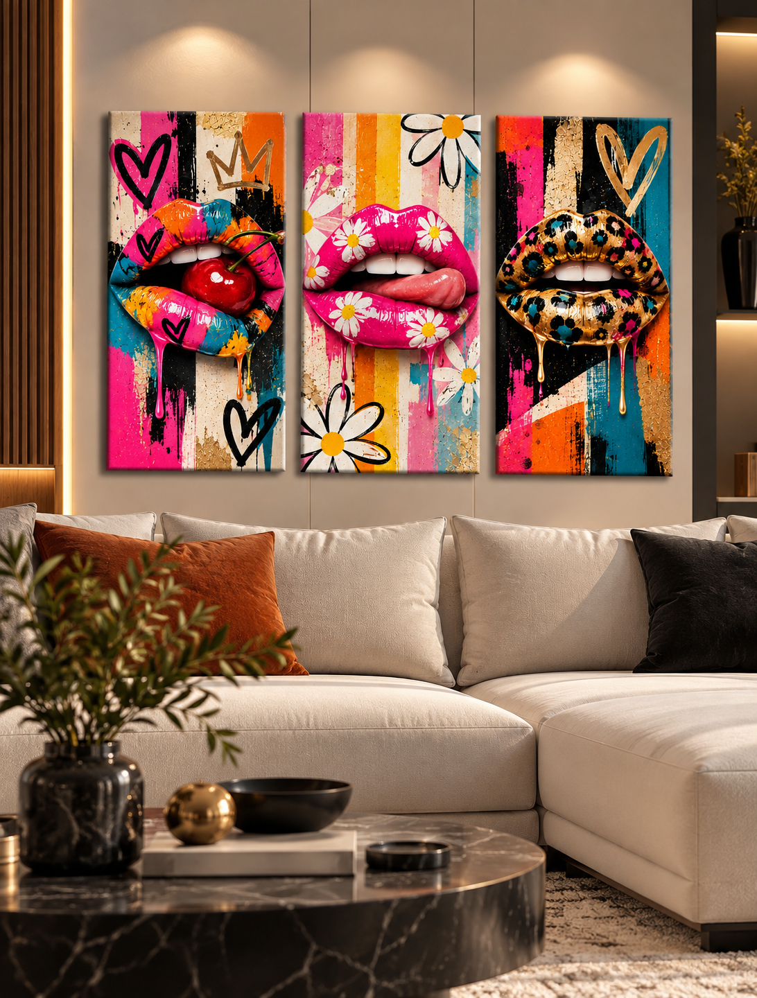 Cuadros Pop Art de Labios con Flores y Corazones – Tríptico Moderno Colorido