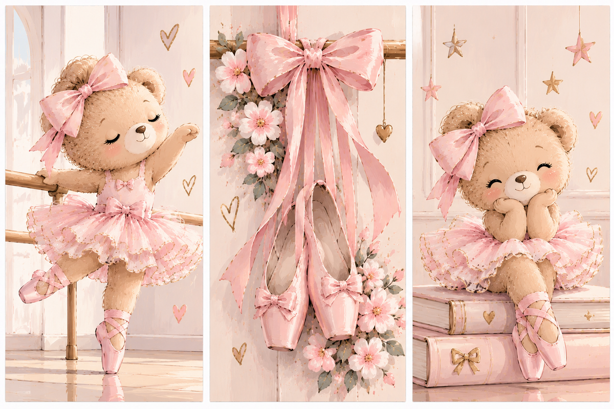 Set de 3 Cuadros Infantiles de Ositas Bailarinas – Ballet Rosa Pastel
