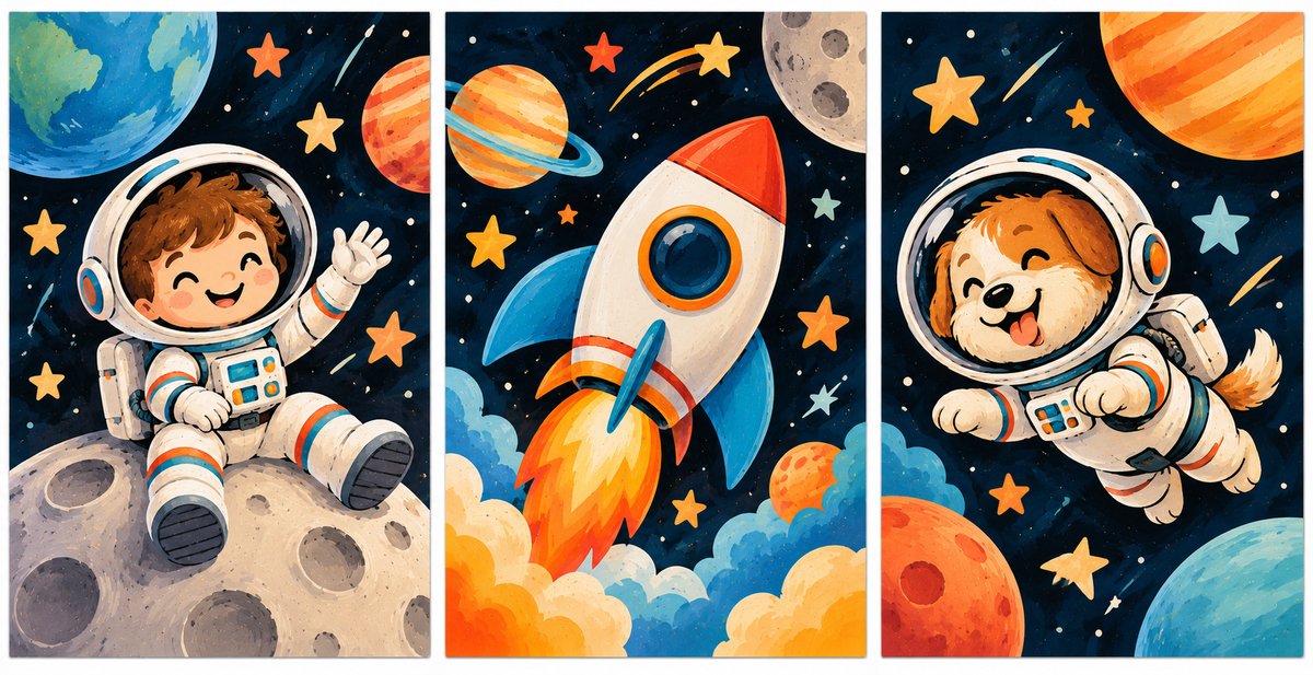 Cuadros Infantiles del Espacio en 3 Piezas – Astronauta, Cohete y Perrito Espacial
