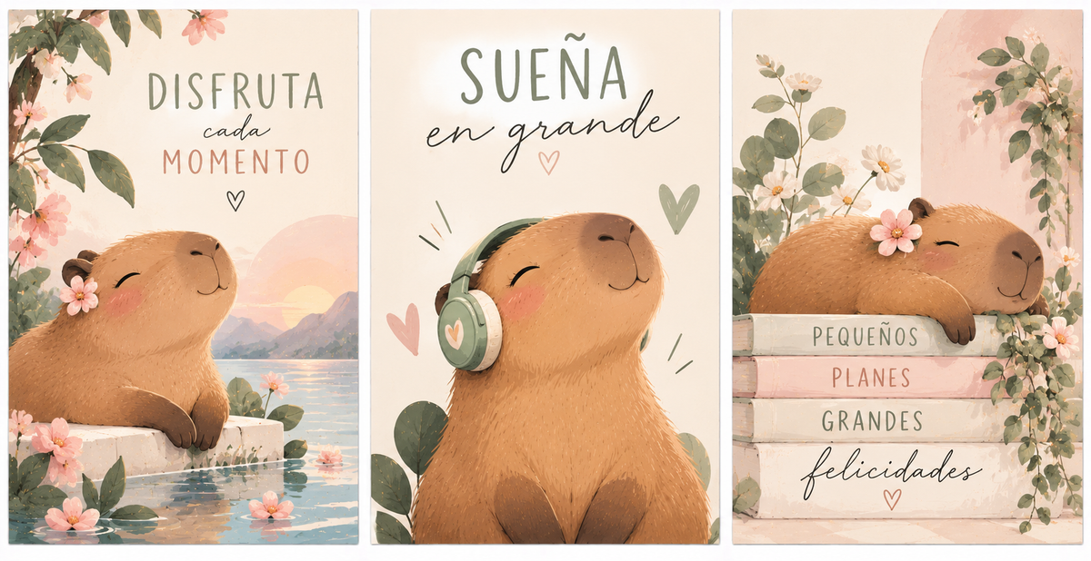 Set de 3 Cuadros Infantiles de Capibaras con Frases Positivas – Estilo Aesthetic