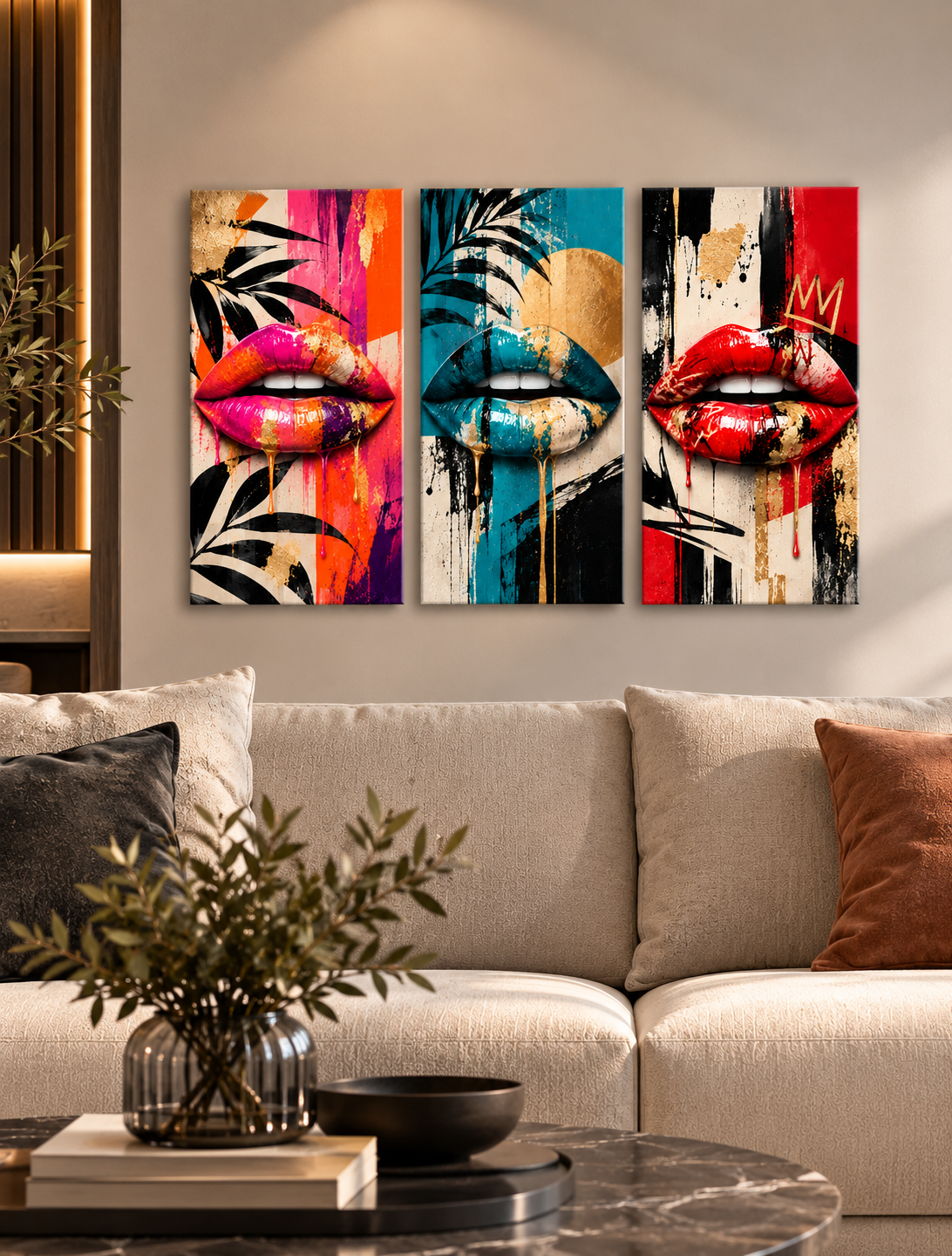 Cuadros Pop Art de Labios de Mujer – Tríptico Moderno Abstracto y Colorido