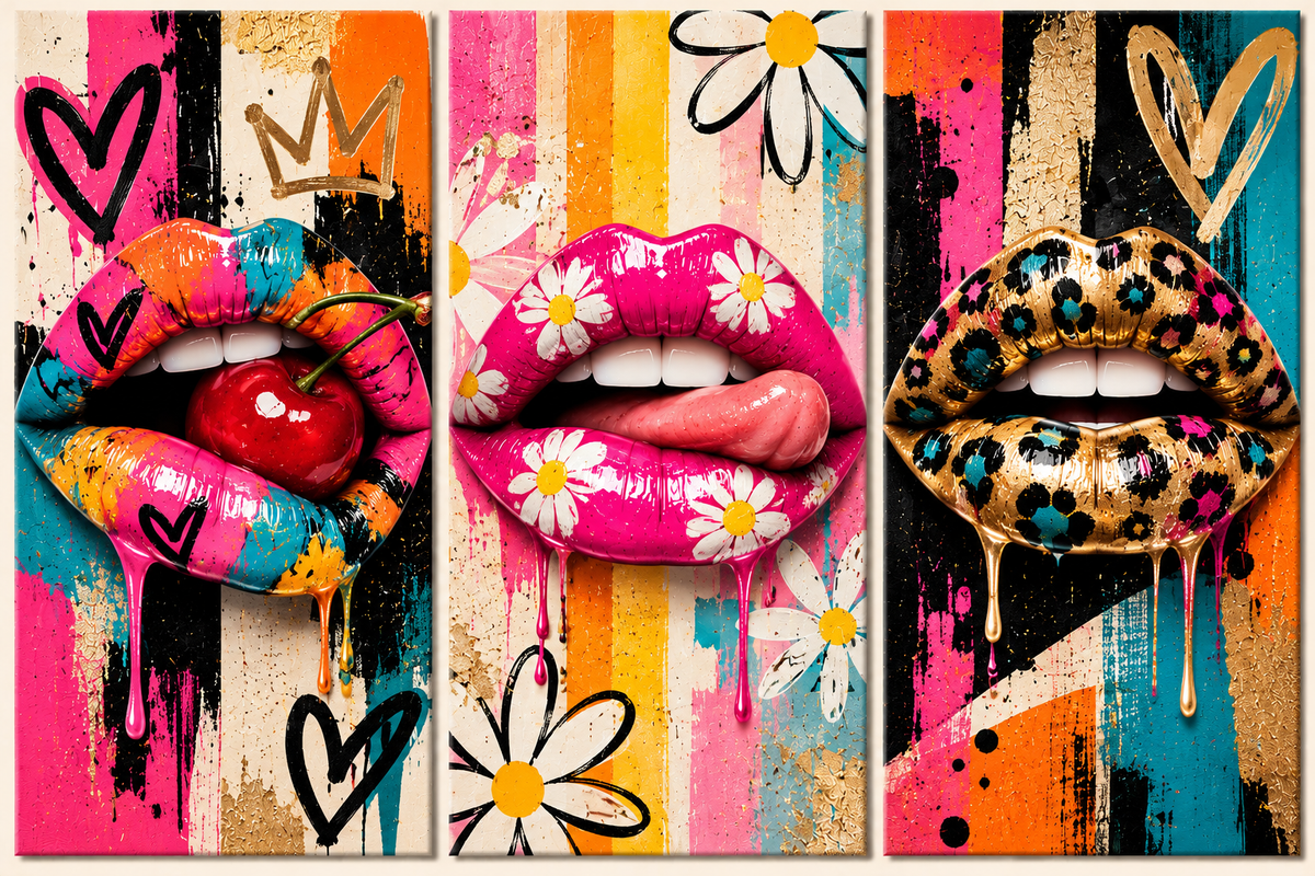 Cuadros Pop Art de Labios con Flores y Corazones – Tríptico Moderno Colorido