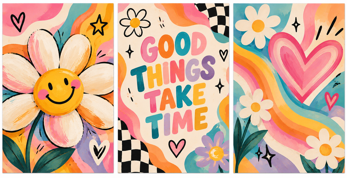 Set de 3 Cuadros Infantiles de Flores y Corazones – Good Things Take Time