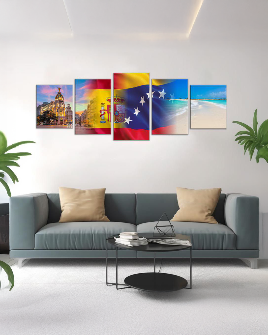 Cuadros Venezuela Los Roques y Gran Via Madrid con banderas